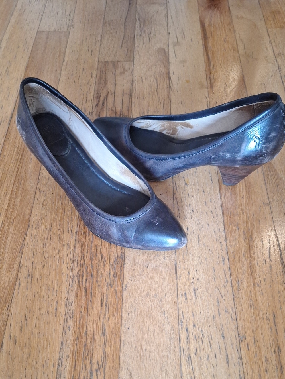 Navy FRYE Leather Pumps with Stacked Wooden Heel